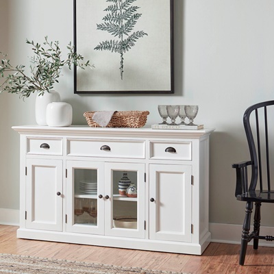 Landhaus Sideboard mit drei Schubladen, zwei Türen und zwei Glastüren